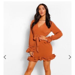 Auburn/brown Plunge Ribbon Tie Mini Dress